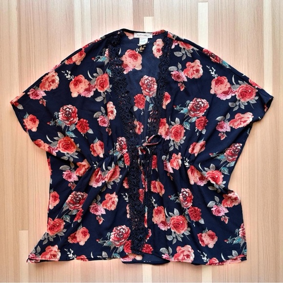 🌺 MILEY + MOLLY Navy Floral Kimono Tie-Front Cardigan – Medium - Picture 5 of 10